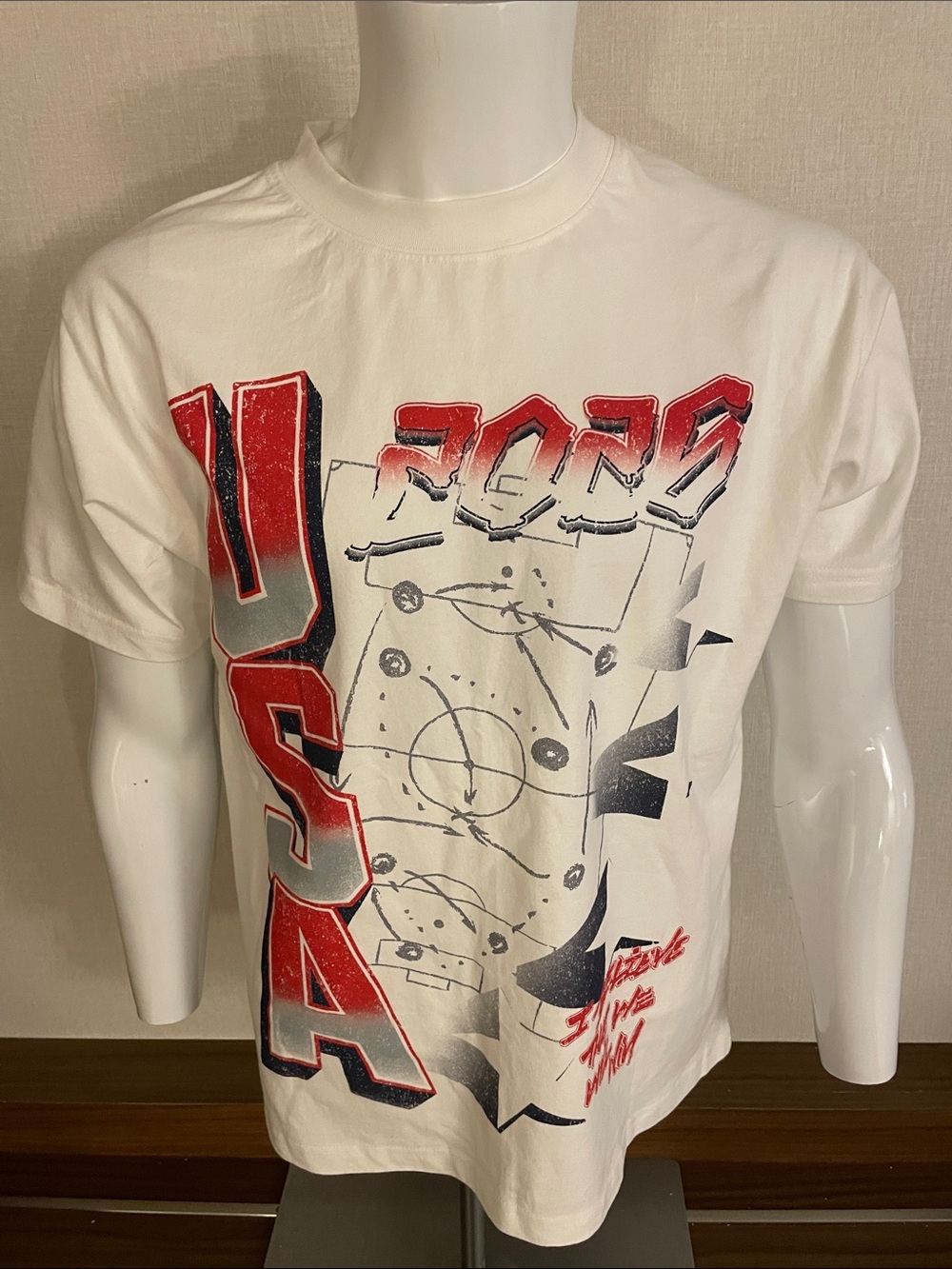 Express White T-Shirt with Red and Black USA Graphic